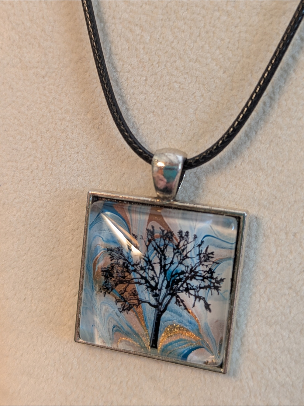 Tree Silhouette Hand Painted Glass Pendant Necklace in Blue and Gold